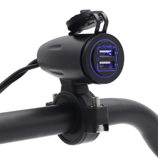 Motorcycle USB Charger with Waterproof Cover Switch Control (Blue Light)