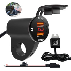 WUPP ZH-975B3 Motorcycle Aluminum Alloy Waterproof Mobile Phone Double QC3.0 Quick Charging Charger with Voltmeter(Black)