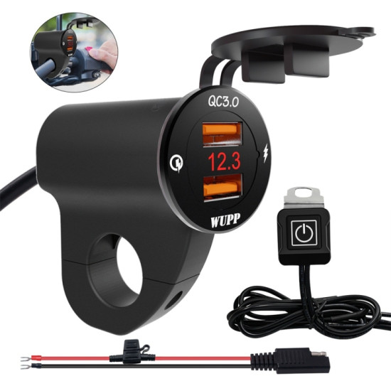 WUPP ZH-975B3 Motorcycle Aluminum Alloy Waterproof Mobile Phone Double QC3.0 Quick Charging Charger with Voltmeter(Black)