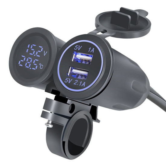 Motorcycle Modified With Bracket Dual USB 3.1A Charging With Temperature Voltage Bracket(Blue Light)