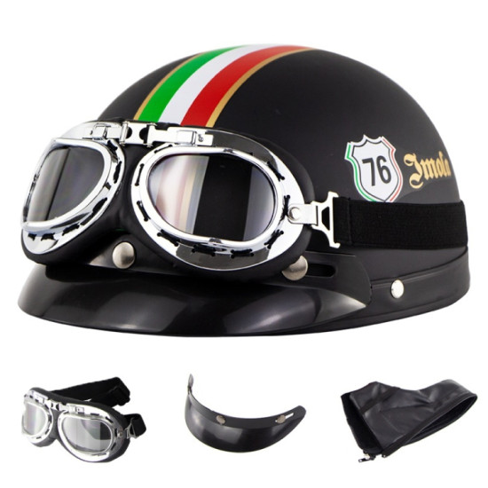 Soman Electromobile Motorcycle Half Face Helmet Retro Harley Helmet with Goggles(Matte Black Italy NO.76)