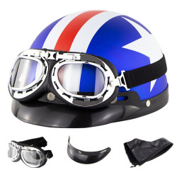 Soman Electromobile Motorcycle Half Face Helmet Retro Harley Helmet with Goggles(Matte Blue French White Star)