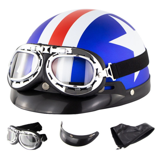 Soman Electromobile Motorcycle Half Face Helmet Retro Harley Helmet with Goggles(Matte Blue French White Star)