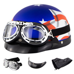 Soman Electromobile Motorcycle Half Face Helmet Retro Harley Helmet with Goggles(Matte Blue USA Flag)