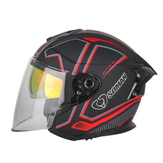 SOMAN Motorcycle Electric Bicycle Dual Lens Riding Helmet, Size: S(Black Red)