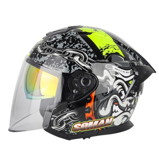 SOMAN Motorcycle Electric Bicycle Dual Lens Riding Helmet, Size: M(Bright Black Fluorescent Yellow)