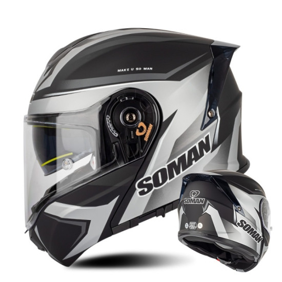 SOMAN Racing Motorcycle Double Lens Riding Safety Helmet, Size: L(Silver Gray Black Vision)