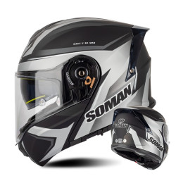 SOMAN Racing Motorcycle Double Lens Riding Safety Helmet, Size: XL(Silver Gray Black Vision)