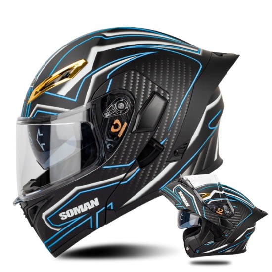 SOMAN Motorcycle Dual Lens Riding Peel-Off Full Coverage Helmet, Size: S(Matt Black Blue)