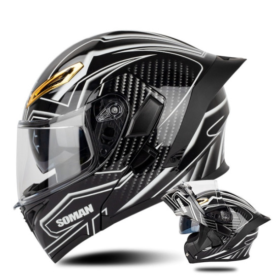 SOMAN Motorcycle Dual Lens Riding Peel-Off Full Coverage Helmet, Size: S(Bright Black White)