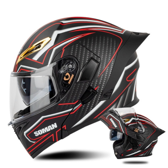 SOMAN Motorcycle Dual Lens Riding Peel-Off Full Coverage Helmet, Size: M(Matt Black Red)