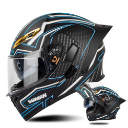 SOMAN Motorcycle Dual Lens Riding Peel-Off Full Coverage Helmet, Size: M(Matt Black Blue)
