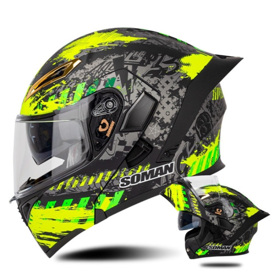 SOMAN Motorcycle Dual Lens Riding Peel-Off Full Coverage Helmet, Size: L(Black Fluorescent Yellow Spark)
