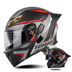 SOMAN Motorcycle Dual Lens Riding Peel-Off Full Coverage Helmet, Size: XL(Red Gray Vision)