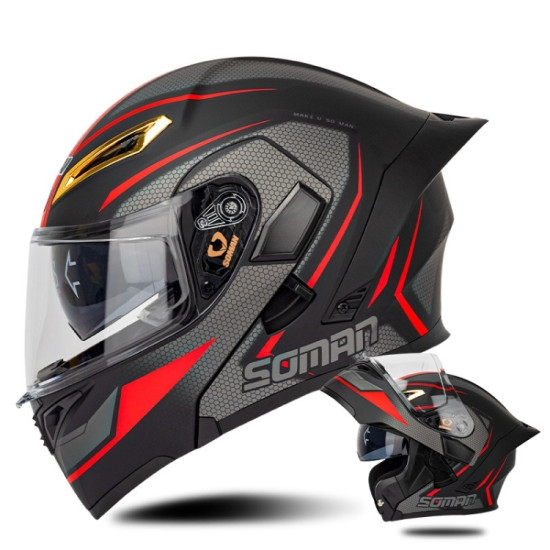 SOMAN Motorcycle Dual Lens Riding Peel-Off Full Coverage Helmet, Size: XXL(Black Red Track)
