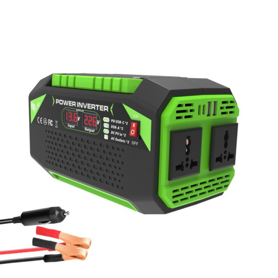 Gurxun Car Pure Sine Wave Inverter Dual AC Sockets 2 USB 2 Type C Ports Outdoor Car Power Converter Spec 500W Universal Socket 12V To 220V