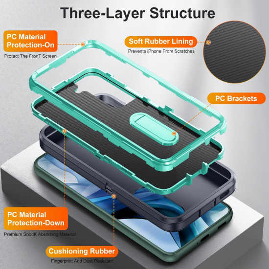 For Samsung Galaxy S23 5G 3 in 1 Rugged Holder Phone Case(Dark Blue+Light Blue)