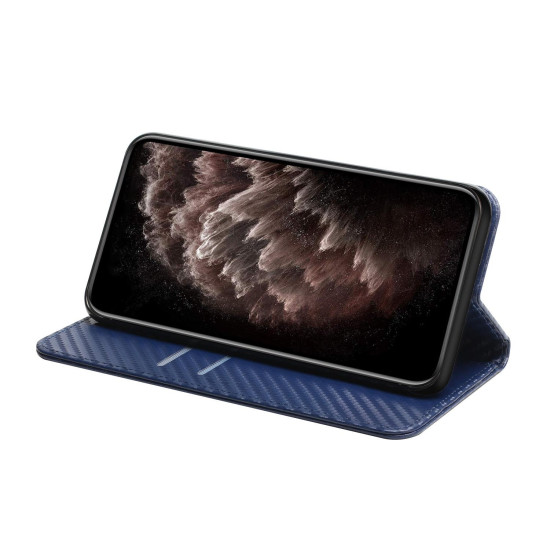 For Samsung Galaxy S23 5G Carbon Fiber Texture Magnetic Flip Leather Phone Case(Blue)