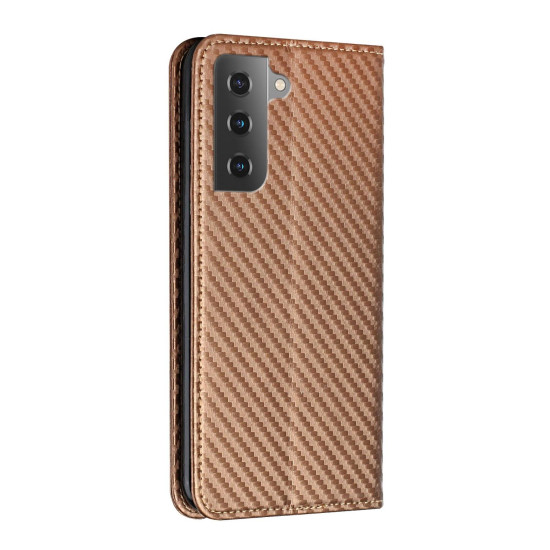 For Samsung Galaxy S23 5G Carbon Fiber Texture Magnetic Flip Leather Phone Case(Brown)