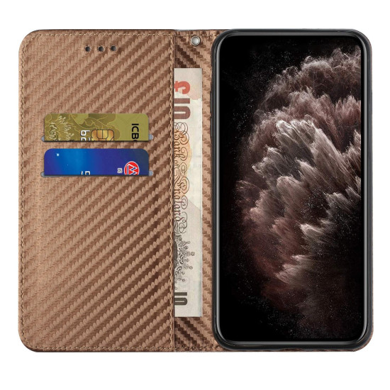 For Samsung Galaxy S23 5G Carbon Fiber Texture Magnetic Flip Leather Phone Case(Brown)