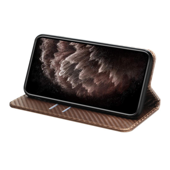 For Samsung Galaxy S23 5G Carbon Fiber Texture Magnetic Flip Leather Phone Case(Brown)