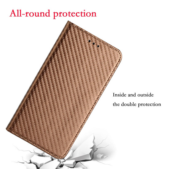 For Samsung Galaxy S23 5G Carbon Fiber Texture Magnetic Flip Leather Phone Case(Brown)