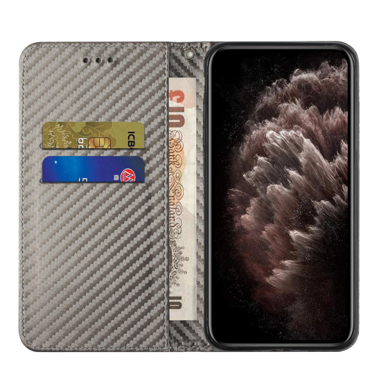 For Samsung Galaxy S23 5G Carbon Fiber Texture Magnetic Flip Leather Phone Case(Grey)