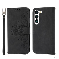 For Samsung Galaxy S23+ Skin-feel Flowers Embossed Wallet Leather Phone Case(Black)
