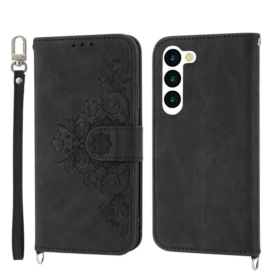 For Samsung Galaxy S23+ Skin-feel Flowers Embossed Wallet Leather Phone Case(Black)