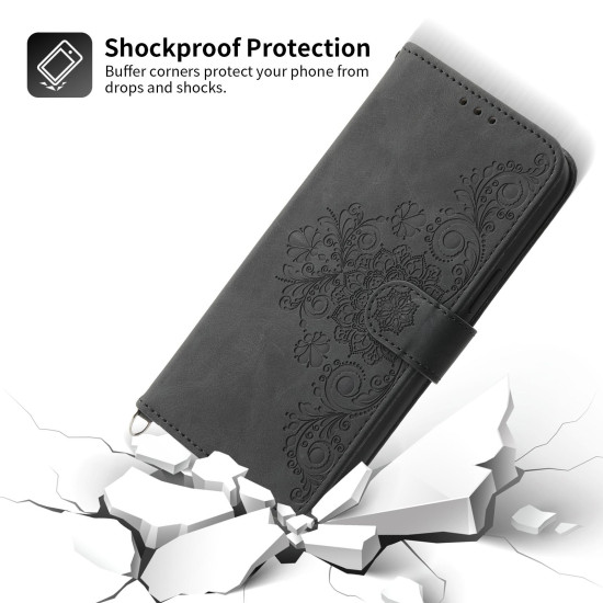For Samsung Galaxy S23+ Skin-feel Flowers Embossed Wallet Leather Phone Case(Black)
