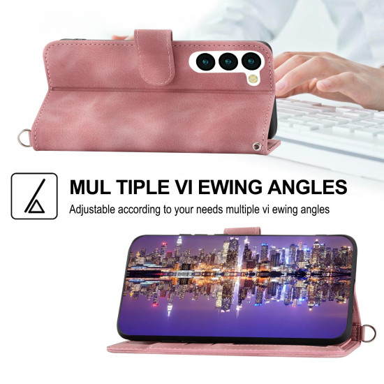 For Samsung Galaxy S23+ Skin-feel Flowers Embossed Wallet Leather Phone Case(Pink)