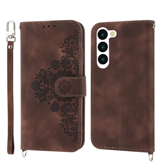 For Samsung Galaxy S23+ Skin-feel Flowers Embossed Wallet Leather Phone Case(Brown)