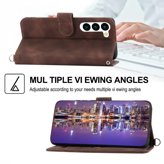 For Samsung Galaxy S23+ Skin-feel Flowers Embossed Wallet Leather Phone Case(Brown)