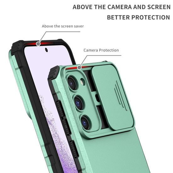 For Samsung Galaxy S23+ 5G Stereoscopic Holder Sliding Camshield Phone Case(Light Blue)