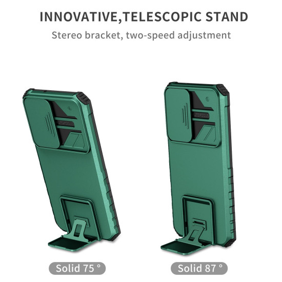 For Samsung Galaxy S23+ 5G Stereoscopic Holder Sliding Camshield Phone Case(Dark Green)