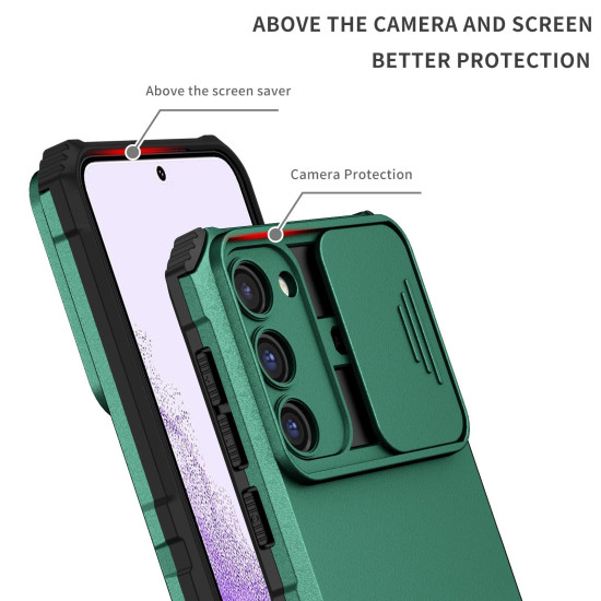 For Samsung Galaxy S23+ 5G Stereoscopic Holder Sliding Camshield Phone Case(Dark Green)