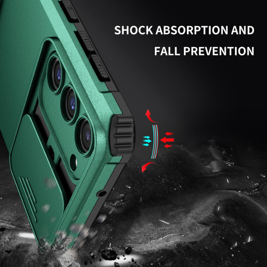 For Samsung Galaxy S23+ 5G Stereoscopic Holder Sliding Camshield Phone Case(Dark Green)