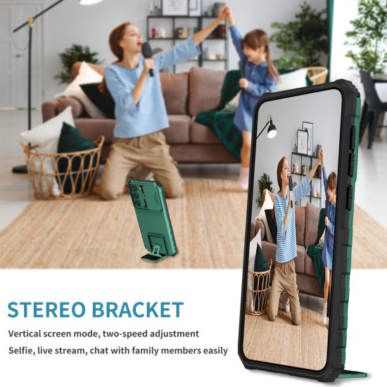 For Samsung Galaxy S23+ 5G Stereoscopic Holder Sliding Camshield Phone Case(Dark Green)