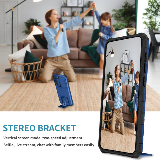 For Samsung Galaxy S23+ 5G Stereoscopic Holder Sliding Camshield Phone Case(Blue)