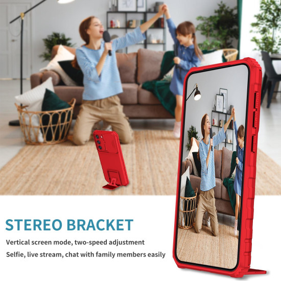 For Samsung Galaxy S23+ 5G Stereoscopic Holder Sliding Camshield Phone Case(Red)