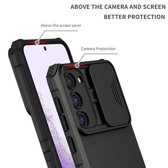 For Samsung Galaxy S23+ 5G Stereoscopic Holder Sliding Camshield Phone Case(Black)