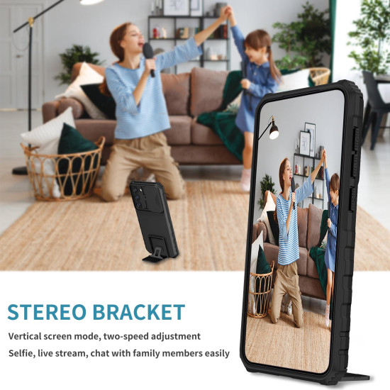 For Samsung Galaxy S23+ 5G Stereoscopic Holder Sliding Camshield Phone Case(Black)