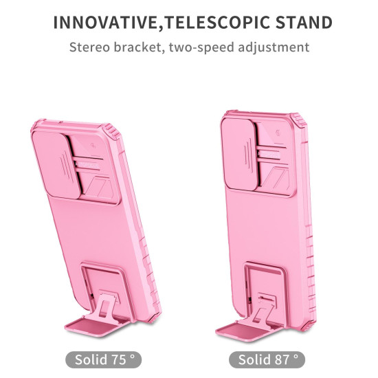 For Samsung Galaxy S23+ 5G Stereoscopic Holder Sliding Camshield Phone Case(Pink)
