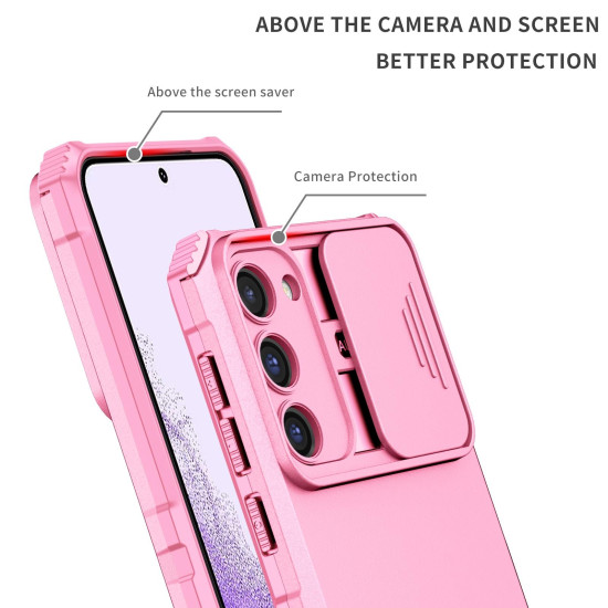 For Samsung Galaxy S23+ 5G Stereoscopic Holder Sliding Camshield Phone Case(Pink)