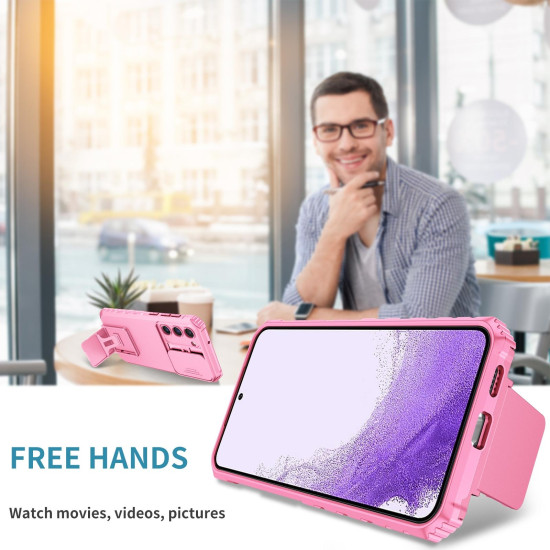 For Samsung Galaxy S23+ 5G Stereoscopic Holder Sliding Camshield Phone Case(Pink)