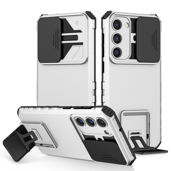 For Samsung Galaxy S23+ 5G Stereoscopic Holder Sliding Camshield Phone Case(White)