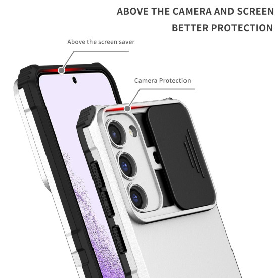 For Samsung Galaxy S23+ 5G Stereoscopic Holder Sliding Camshield Phone Case(White)