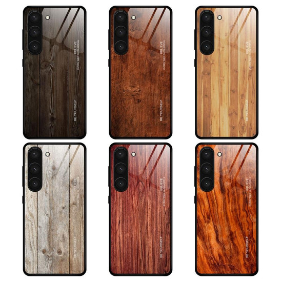 For Samsung Galaxy S23+ 5G Wood Grain Glass Phone Case(Yellow)