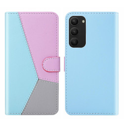 For Samsung Galaxy S23+ 5G Tricolor Stitching Flip Leather Phone Case(Blue)