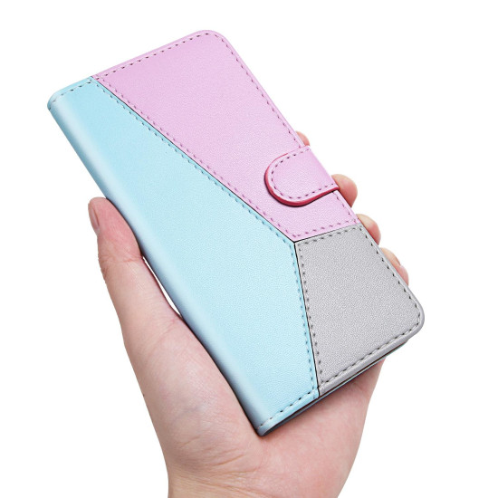 For Samsung Galaxy S23+ 5G Tricolor Stitching Flip Leather Phone Case(Blue)